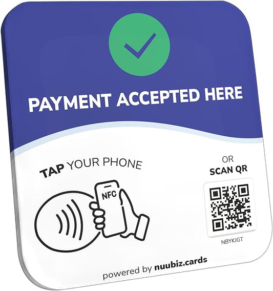 NFC Business QR Code Sign Plate for Paying Here – Drive Offline Engagement Online – Works Like Review Tap Card & Social Media Sign – No App or Fees – Includes Stand or Adhesive