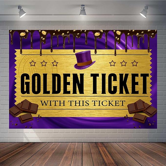 8x6FT Golden Ticket Backdrop Chocolate Fountain Backdrop Candy Backdrops Chocolate Factoy Background for Boy Girl Birthday Party Newborn Decoration Photo Booth Props TAYBDJ837