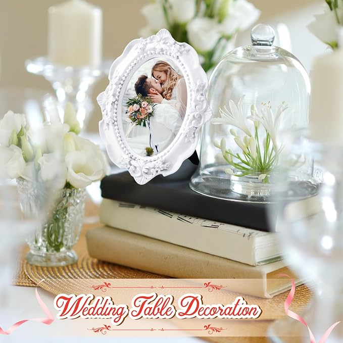 Maitys 25 Pcs Mini Picture Vintage Frames with Stands Tiny Antique Photo Baroque Ornate Resin Oval Frame Table Top Display Home Wedding Decor (White)