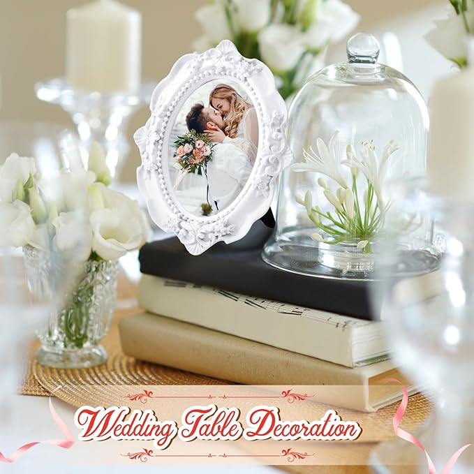 Maitys 5 Pcs Mini Picture Vintage Frames with Stands Tiny Antique Photo Baroque Ornate Resin Oval Frame Table Top Display Home Wedding Decor (White)