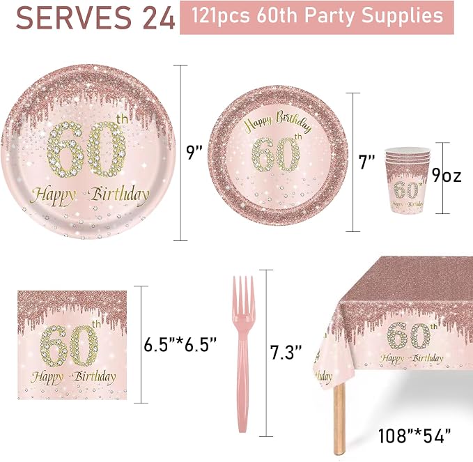 121Pcs 60th Birthday Party Supplies Plates Napkins Cups Forks Tablecloth Rose Gold Happy 60th Birthday Themed Disposable Tableware Decorations Serves 24 Guests for Women 60 Years