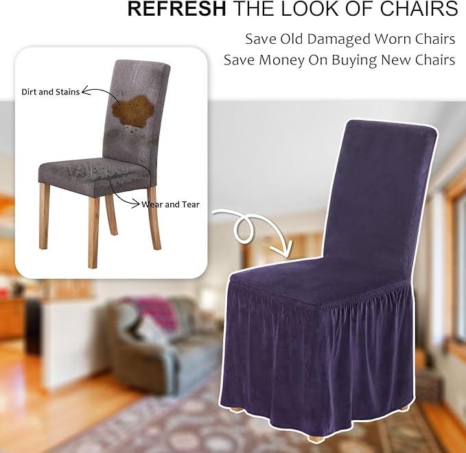 NICEEC Spandex Chair Covers for Dining Chairs Covers Set of 2 Removable Dining Room Chair Covers with Skirt Parson Chair Slipcovers Washable Chair Protector for Kitchen Wedding Banquet(Purple)
