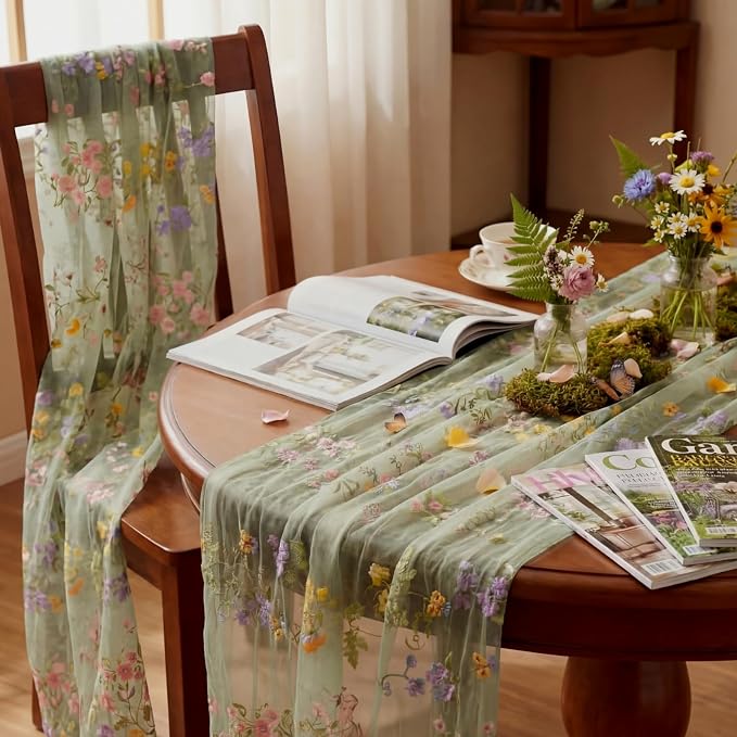 Sage Green Floral Table Runner 10ft Embroidery Tulle Spring Wildflower Table Runner Seasonal Summer Butterfly Kitchen Dining Gauze Decoration for Wedding Baby Shower Birthday Party (3 Pcs)