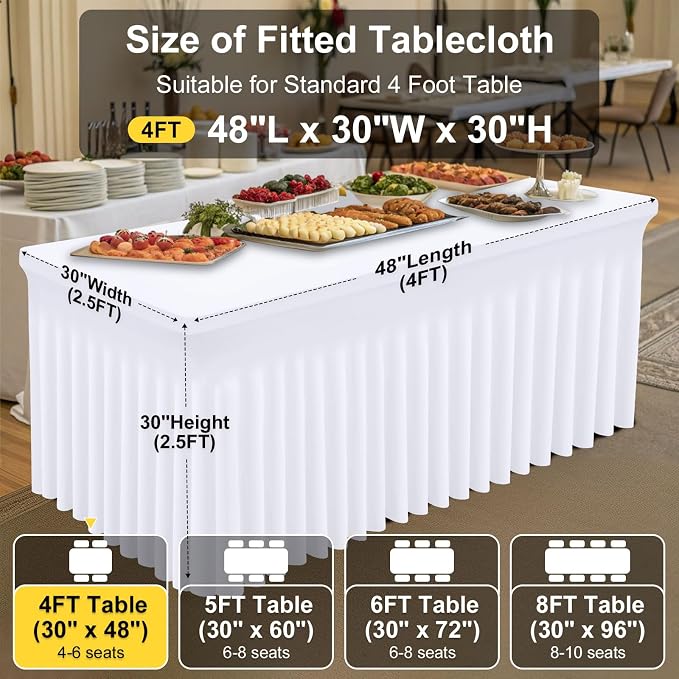 Smiry Spandex Tablecloth, Elastic Fitted Stretch Tablecloth for 4FT Rectangle Tables, Waterproof Washable Table Cover Skirt for Outdoor, Wedding, Parties & Banquet (White, 48Lx30Wx30H Inch)