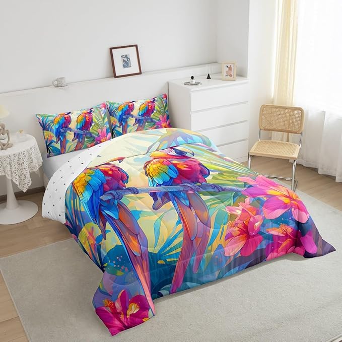 jejeloiu Parrot Comforter Set Toddler Kids Blossom Flowers Floral Pattern Bedding Set for Boys Girls Woodland Bird Animals Palm Leaf Nature Theme Duvet Quilt Room Decor