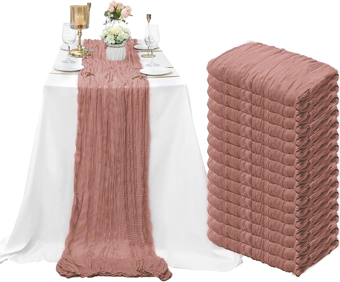 15 Pack Cheesecloth Table Runner 10Ft Cheese Cloth Table Runner 35 x120Inch Boho Gauze Table Runners Rustic Table Cover for Romantic Wedding Birthday Party Bridal Baby Shower Table Decor(Dusty Blush)
