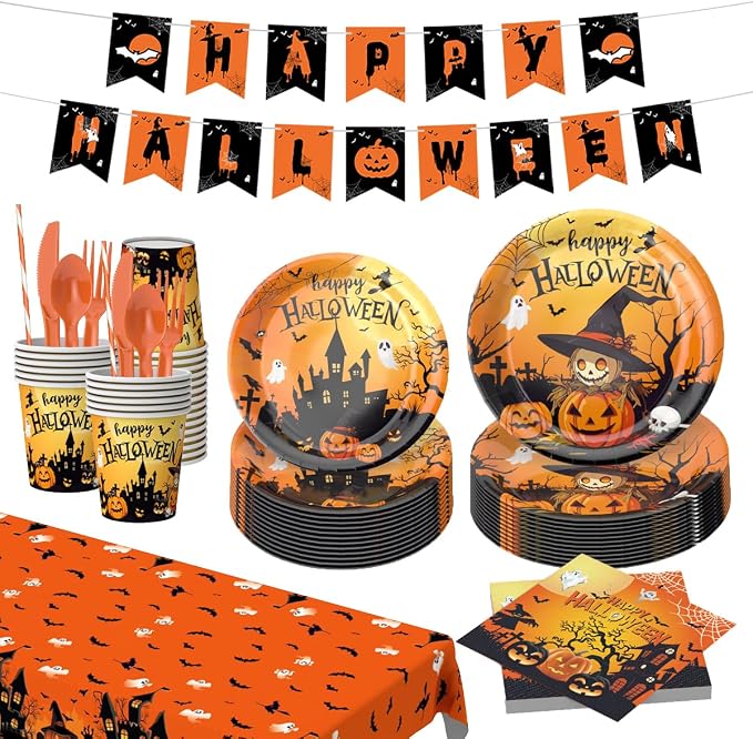 212Pcs Halloween Party Supplies Tableware Set for 24 Guests Disposable Pumpkin Ghost Themed Dinnerware Includes Paper Plates Napkins Cups Forks Knives Spoons Halloween Balloons, Banner & Tablecloth