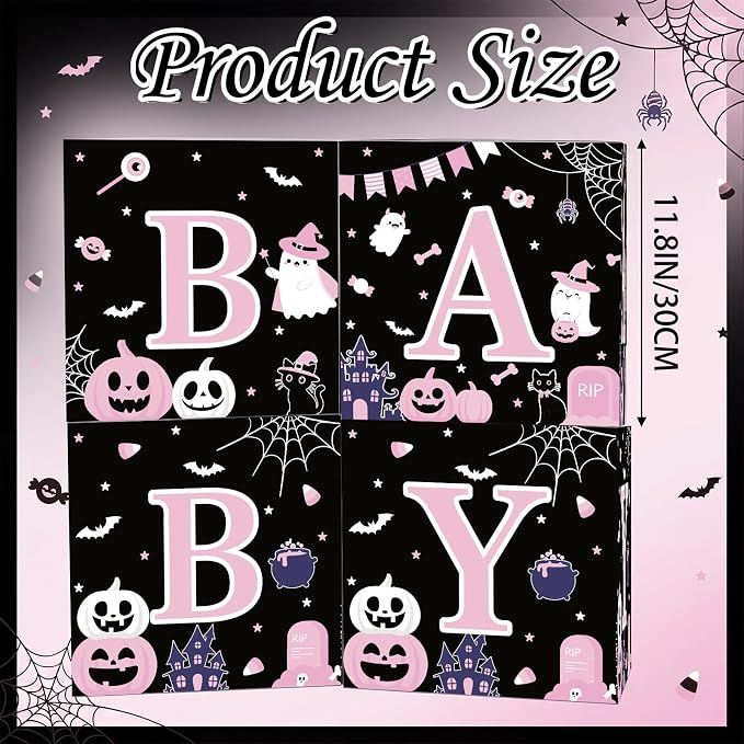 AmazingSpark 4 Pcs Pink Ghost Halloween Baby Shower Boxes with Letters Halloween A Little Boo Is Almost Due Candy Box Decor with Letters Blocks Baby Shower Centerpiece for Party Backdrop