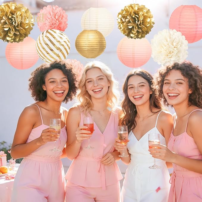 AOBKIAT Birthday Party Decorations Set for Girls Women,12PCS Pink Gold Tissue Paper Pom Poms Lanterns Flowers,for Engagement,Wedding,Baby Shower,Bridal Shower,Girl Party