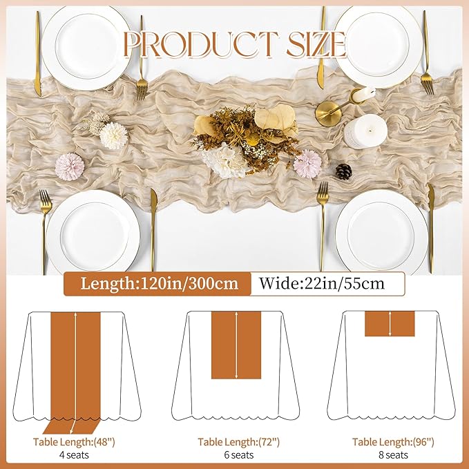 16 Pack Beige Cheesecloth Table Runner 120 Inch 10FT Spring Boho Rustic Sheer Gauze Cheese Cloth Table Runner for Wedding Baby Shower Birthday Party Table Decor