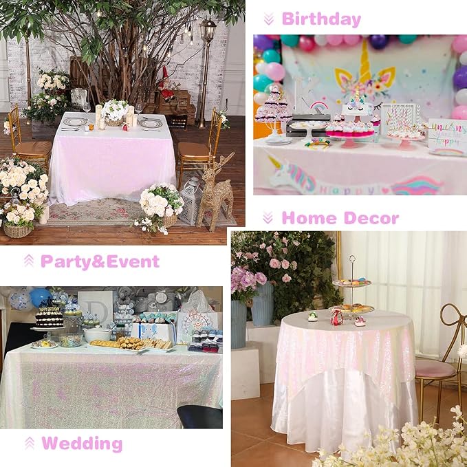 Eternal Beauty White Iridescent Tablecloth, 50x80 Inch Sequin Rectangle Table Cover for Cake Dessert Exhibition Party Birthday Events