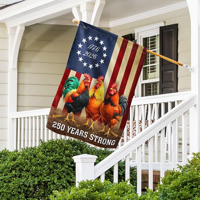 American Flag-250 Years Strong 1776 2026 Chicken Flag, Patriotic Rooster Farm Decor, Garden Flag (11.5" x 17.5")-USA Premium Polyester