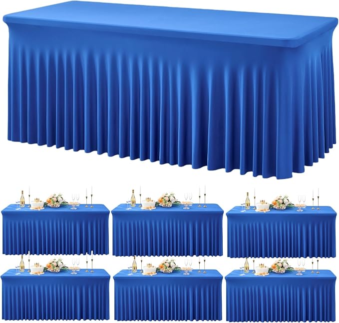 Outpain 8ft Spandex Table Cloth for Standard Folding Tables-6Pack Royal Blue Table Cloth Table Protector for Party, Wedding, Cocktail, Banquet, Festival