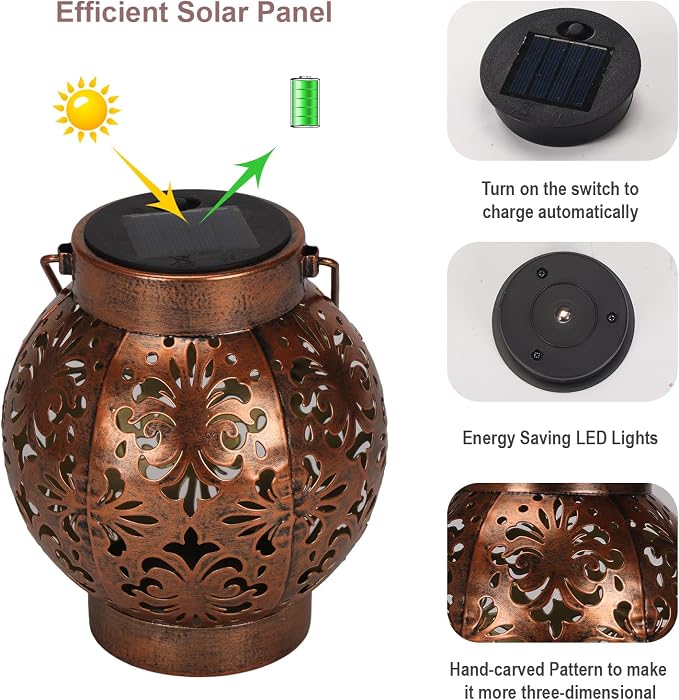 Edenseelake 2 Pack Solar Hanging Lanterns Outdoor Waterproof Flower Lights, Metal Decorative LED Lantern for Garden, Patio, Porch, Yard, Lawn, Bronze