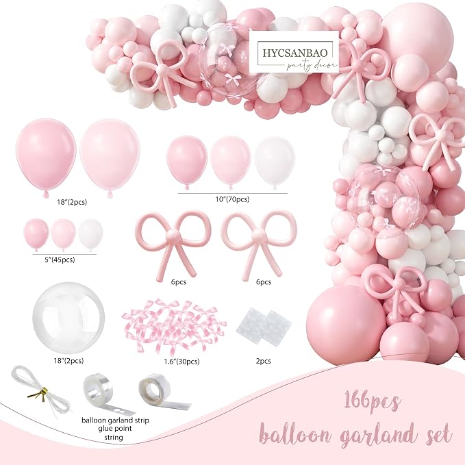 Pink Bow Birthday Decorations, Bow Coquette Birthday Party Supplies, Includes Backdrop, Hanging Garland, Foil Fringe Curtain, Cake Toppers, Balloon Garland, Tablecloth, Cupcake Toppers, Foil Balloon