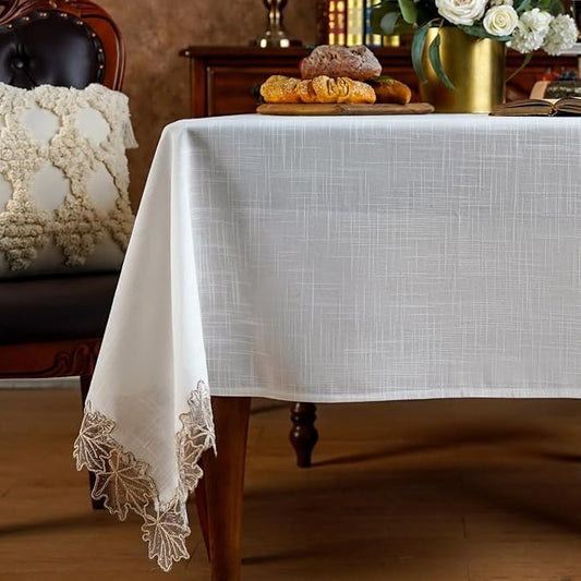 ARTABLE Lace Tablecloth Linen Fabric White Rectangle Table Cloth Fall Christmas Washable Table Cover for Kitchen Home Picnic Indoor Outdoor Camping Dining Decor (Offwhite, 52 x 70 Inch)