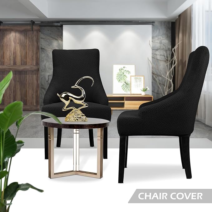 Lellen Velvet Stretch Wingback Chair Cover Slipcover - Reusable Protector Cover for Dining Room Banquet Home Decor etc Machine Washable Hand Washable (01 T-Shaped Twill Black, 2PC)