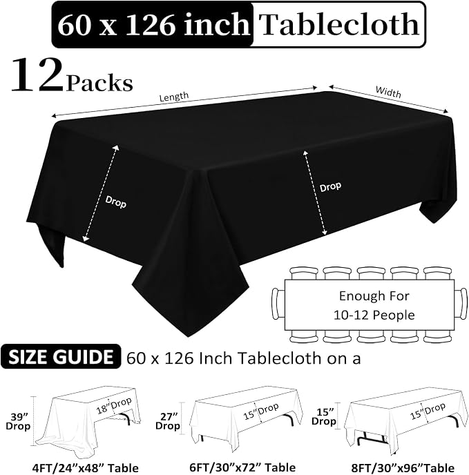 12 Pack Black Tablecloths 60 x 126 Inch Rectangular Table Cloths for Rectangle Tables 8ft, Wrinkle Resistant Black Table Cloth Washable Polyester Fabric for Buffet Wedding Party Banquet
