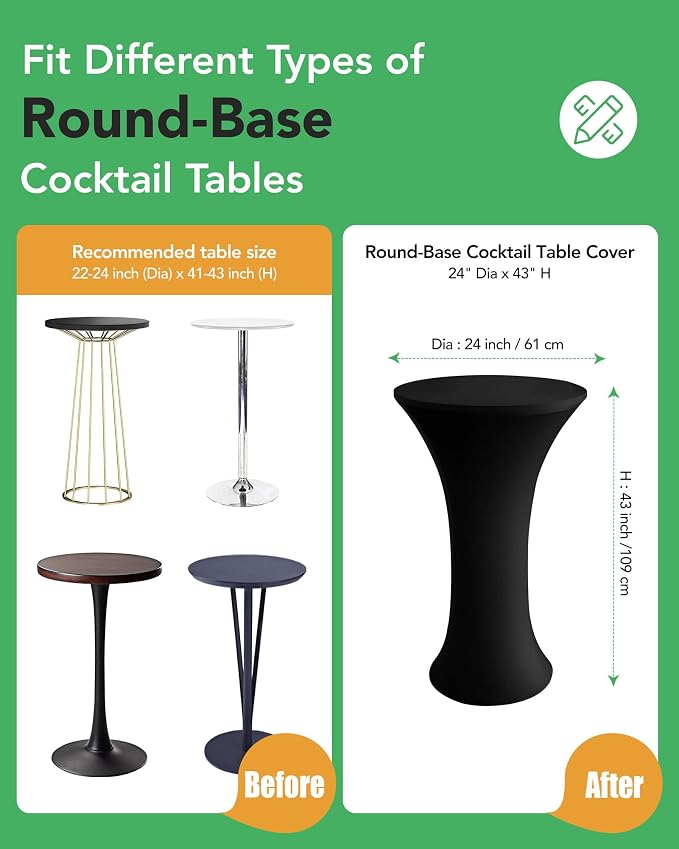 KeyWave Cocktail High Top Table Covers - 24x43 Inch Fitted Spandex Round Cocktail Tablecloth for Bar Height Standing Table Cloths Reusable, for Party Bistro Wedding Event Decorations, Black, 8 Pack