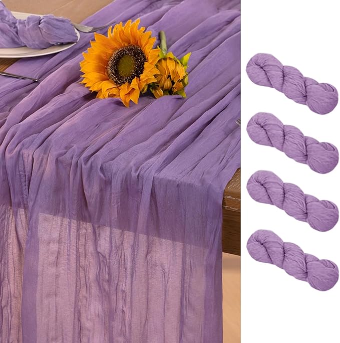 DeZerlor Lavender Purple Cheesecloth Table Runner 4 Pack Spring Easter Table Runners Boho Gauze 120 Inches Cheese Cloth Table Decor for Wedding Bridal Baby Shower Parties