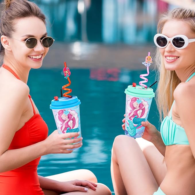 Maxcheck 36 Sets 16 oz Mermaid Party Favors Goodie Cups with Colorful Lids and Straws for Birthday Decorations Reusable Plastic Candy Cups Bulk Plastic Straws for Birthday Party Celebration Gifts