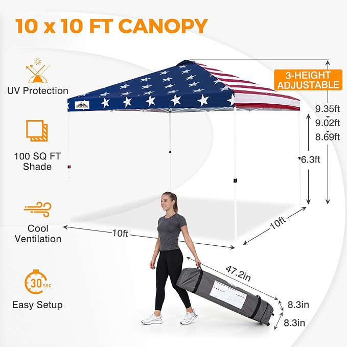 EAGLE PEAK Pop Up Canopy Tent with Wheeled Carry Bag, 8 Stakes, 4 Ropes, 4 Weight Bags, Easy Set Up Tent Canopy, 10x10 ft, 100sqft of Shade, American Flag