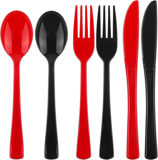 Kochorie 300 Pcs Black and Red Graduation Plastic Silverware, Disposable Plastic Utensils, Heavy Duty Cutlery Set Heavyweight Congrats Grad Flatware, Spoons Forks Knives for Graduation Party Supplies