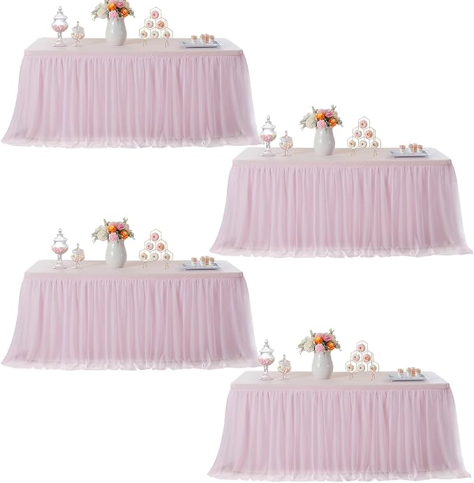 familus Pink Table Cloths 8 Foot Rectangle 4 Pack Stretch Ruffle Tulle Tablecloth Spandex Fitted Table Cover for 8 Foot Tulle Table Skirts for Party Wedding Table Cloths, Banquets