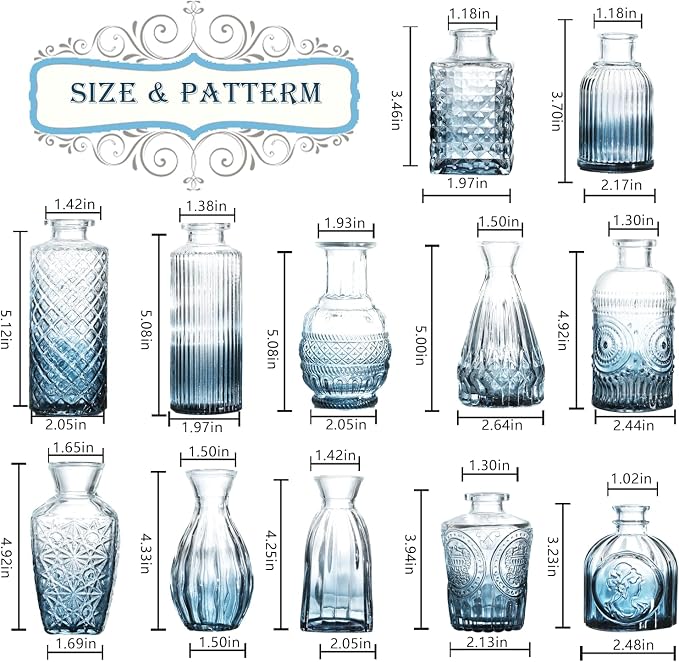 Bud Vases Set of 12,Glass Bud Vases in Bulk,Small Flower Vases for Centerpieces,Mini Vintage Vase for Wedding, Home Table Decor,Christmas,Party Decoration,Blue