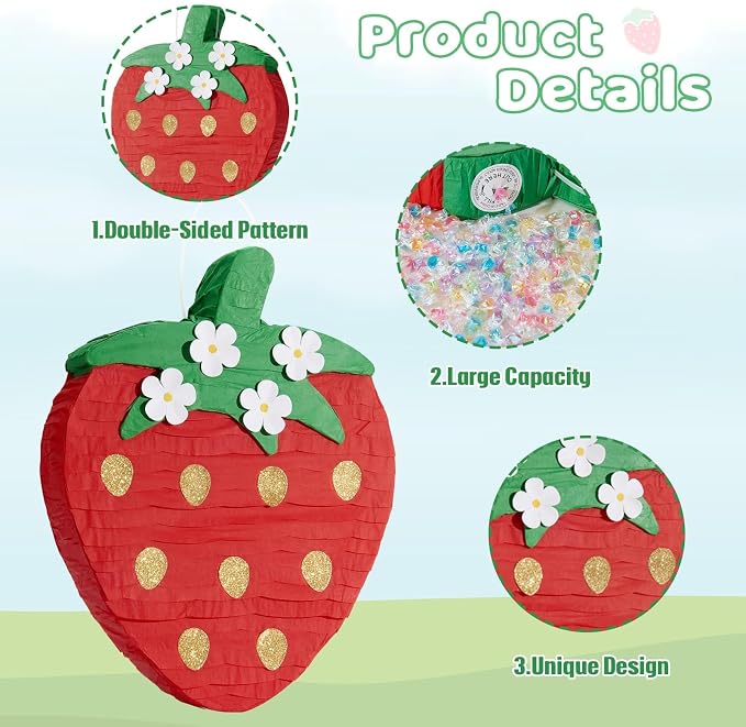 Wernnsai Red Strawberry Piñata For Kids - Strawberry Baby Shower Piñata Strawberry Birthday Party Decorations Summer Fruit Themed Party Game Supplies With Bat Blindfold 16.5" × 11.6" ×3"