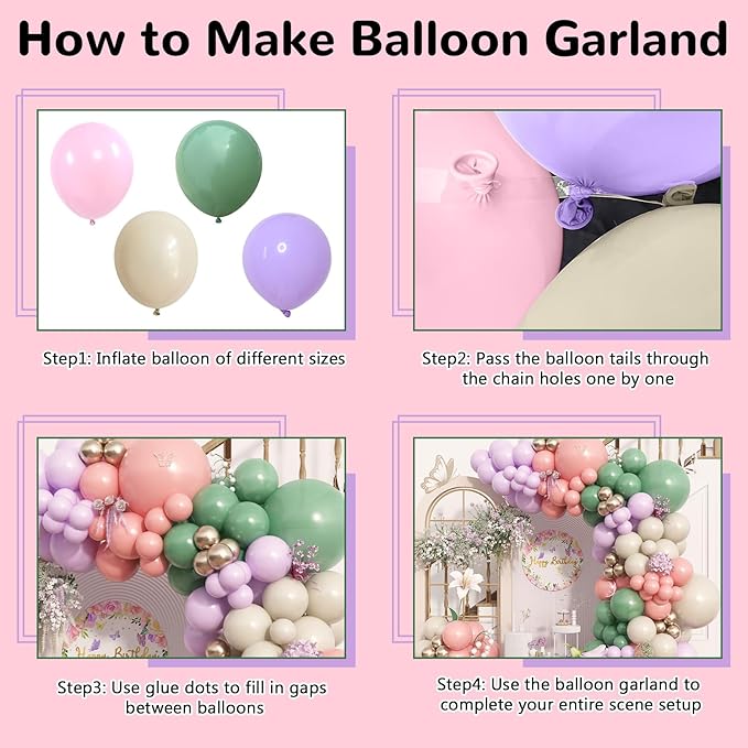Sage Green Purple Pink Balloon Garland Arch Kit, 125pcs Dusty Green Pastel Lavender Purple Blush Pink White Sand Metallic Gold Fairy Balloon for Baby Shower Birthday Wildflower Floral Party Decoration
