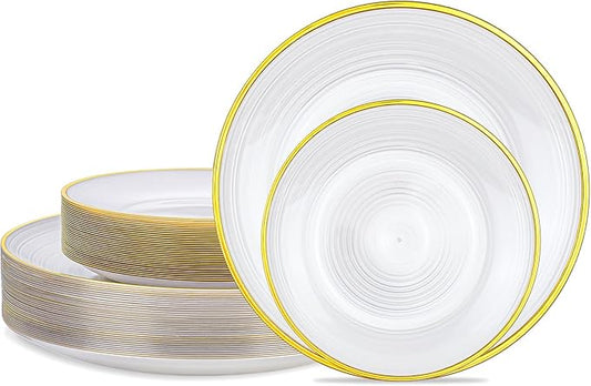 Morejoy 60Pcs Pearl White Plastic Plates,White Disposable Plates With Gold Rim,Heavy-duty Gold Plates, Modern swirl design Plate Include 30Clear Dessert-Platos,30Dinner-Platos for Party&Mother's Day