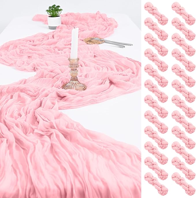 24 Pack Light Pink Cheesecloth Table Runner,9FT Gauze Boho Long Cheese Cloth Table Runner 17x108 inch Rustic Table Runners for Wedding Party Bridal Shower Banquet Table Decorations