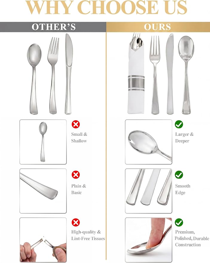 Supernal 240 Silver Plastic Silverware Set - 60 Sets Pre Rolled Napkins with Cutlery - Mirror Polished Real Look Disposable Silver Utensils- Elegant Heavy Duty Flatware for Weddings & Catering