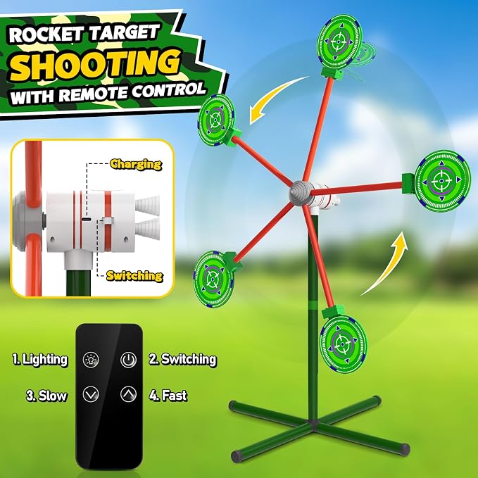 Rocket Shooting Games Toys with Rotating Target 2 Toy Guns 20 Foam Darts Kids Outdoor Toys for Boys Age 5 6 7 8 9 10+ Year Old Carnival Games Compatible with Nerf Guns (Green)