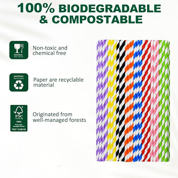 10 inch Long Disposable Paper Straws Bulk for Drinking - Unwrapped, 8 Assorted Colors [600 Counts]