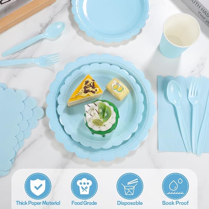 350 Pcs Light Blue Paper Plates and Napkins, Boy Baby Shower Decorations Include Scalloped Plates Napkins Cups for Kindergarten Graduation, Bridal Shower, Summer Wedding, Birthday