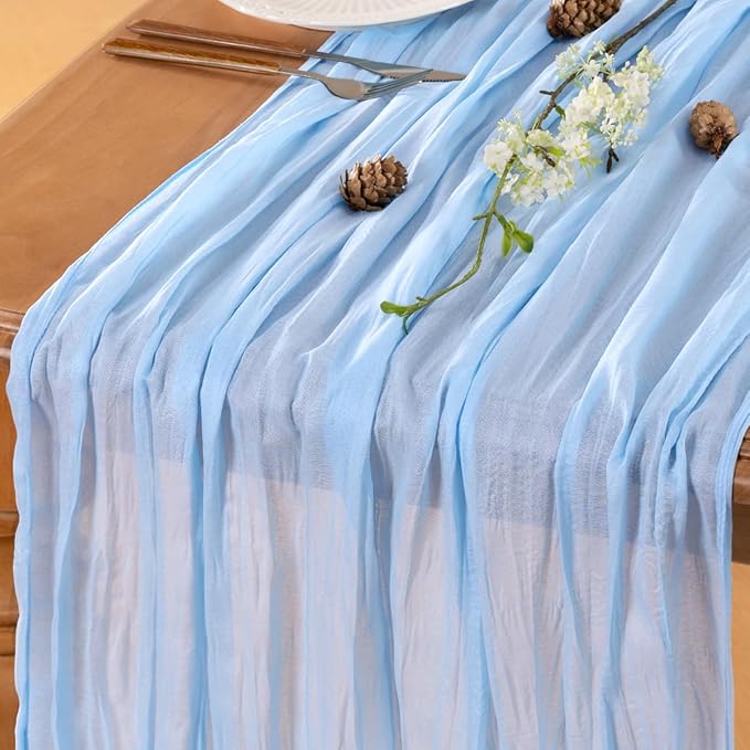LINXTAR Light Blue Cheesecloth Table Runner 10 Pack 120 Inches 10Ft Gauze Summer Boho Table Runner for Wedding Tea Party Baby Shower Bridal Birthday Home Decoration
