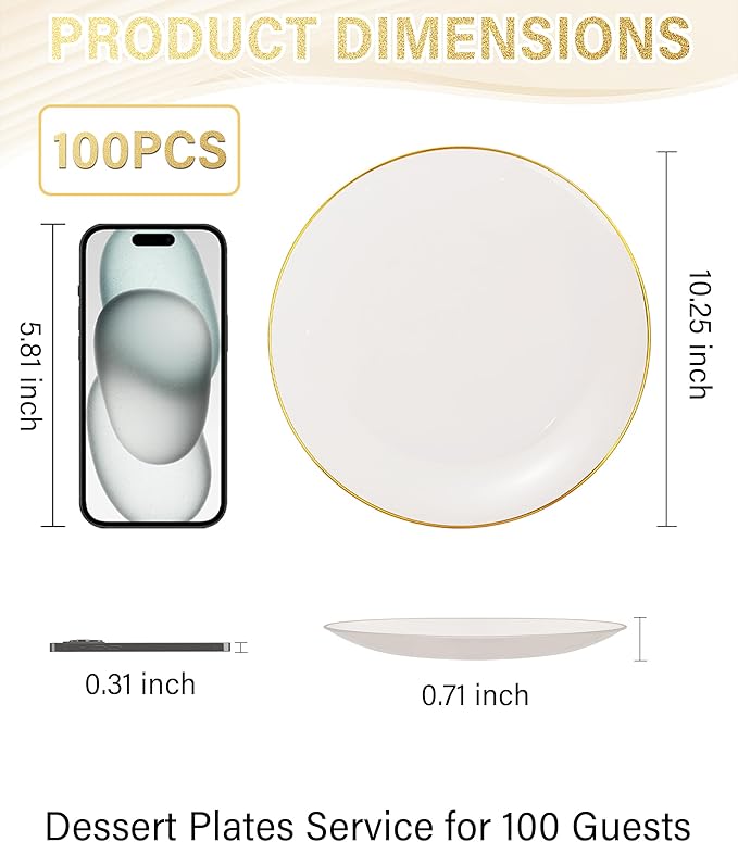 Nervure 100Pcs Ivory and Gold Plastic Plates - 7.5inch Disposable Ivory Dessert/Salad Plates - Heavy Duty Plastic Plate Ideal for Wedding & Party & Mothers Day