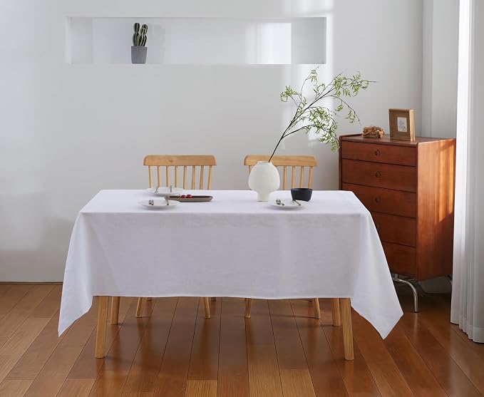 100% French Flax Linen Tablecloths Rectangle 132Lx60W Inch for Dinners, Parties, Easter, Halloween, Camping, Machine Washable, 12-14 Sets (60''x132'', White)