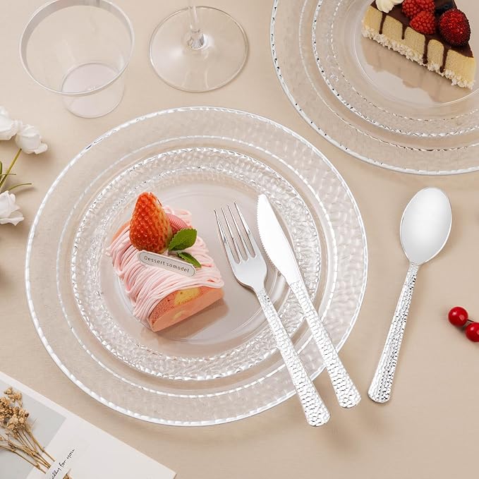 Bestluck 350PCS Clear Plastic Plates with Silver Trim for 50 Guests, Disposable Dinnerware Set for Party & Wedding, Includes 100 Plastic Plates, 50 Pre Rolled Napkins with Silver Silverware, 50 Cups
