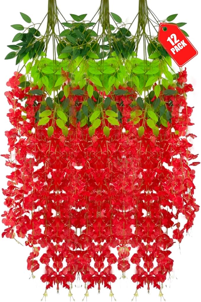 12 Pack Red Wisteria Hanging Flowers, 3.44 Ft Fake Hanging Flowers, Artificial Wisteria Garland Vines for Wedding Room Backdrop Outdoor Patio Garden Valentine's Decoration