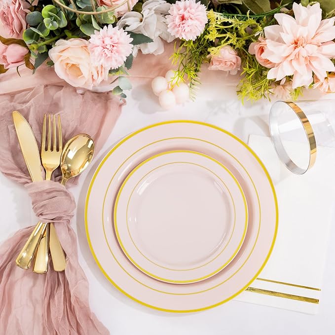 GATHER 350PCS Pink Plastic Plates - Disposable Plastic Dinnerware Set Include 100 Pink Plates, 150 Silverware, 50 Napkins, 50 Cups for Party & Wedding & Baby Shower & Mother‘s Day