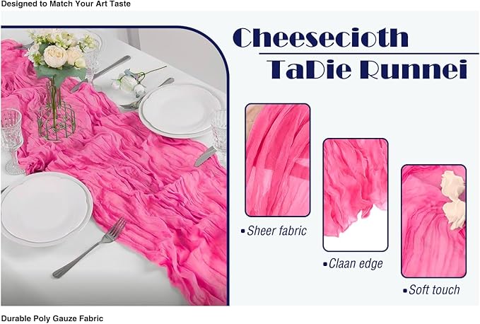 12 Pack Hot Pink 10 Ft Cheesecloth Table Runner 21x120 Inch Boho Wrinkled Sheer Romantic Gauze Decor for Wedding, Bridal Shower, Birthday Party