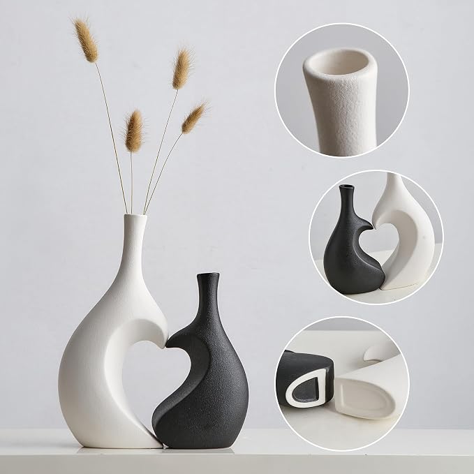 Unique Heart Shaped Vase: Set of 2 Black and White Heart Shaped Vase for Home Decor Minimalist Modern Decorative Vases for Living Room Dining Room Table Coffee Table Centerpiece Shelf Decoration