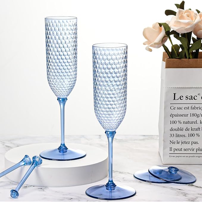 XUWAIDSGN 24 Pack Blue Detachable 2 piece Champagne Flutes 5.5 Oz Unbreakable Plastic Mimosa Disposable Champagne Glasses Drinking Cups Stemmed Reusable Wine Toasting Glasses for Wedding