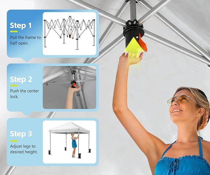 10x10 Pop Up Canopy Tent, Shade Canopy with Carry Bag, Center Lock One Push, 3 Adjustable Height, Outdoor Canopy Tents for Parties, Events & Camping - White