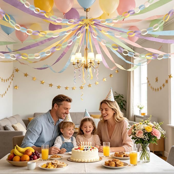Pastel Birthday Party Decorations Kit with 492ft Crepe Paper Streamers, 300 Paper Chain Strips, 78.6ft Gold Star Garland and 30 Pastel Balloons for Wedding Birthday Party DIY Crafts Hanging Decor