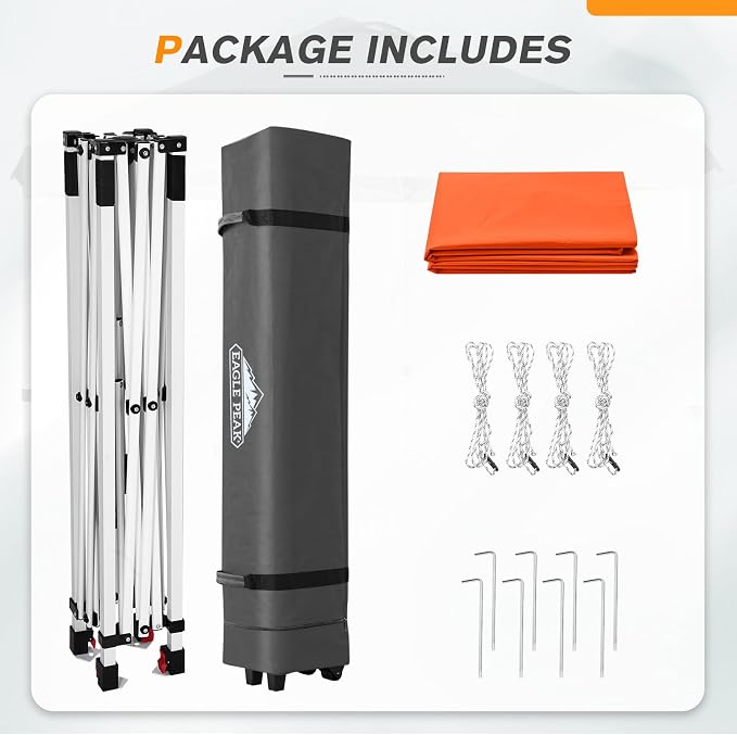 EAGLE PEAK Pop Up Canopy Tent with Wheeled Carry Bag, 8 Stakes, 4 Ropes, Easy Set Up Tent Canopy, 6.6x6.6 ft, Orange