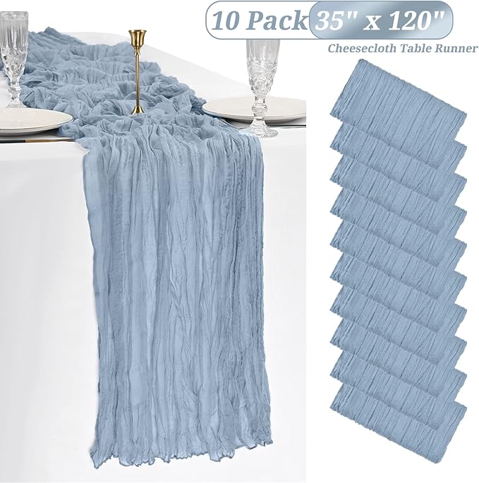 Showgeous 10 Pack Dusty Blue Cheesecloth Table Runner, 10FT Long Semi-Sheer Boho or Rustic Gauze Table Runner Wedding Table Decor for Wedding Arch Draping Bridal Shower Holiday Party